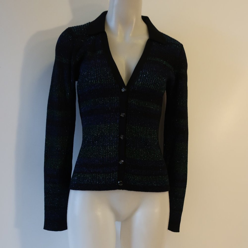 Womens Intermix Black-Multi Ribbed Metallic Cardigan Sweater M*